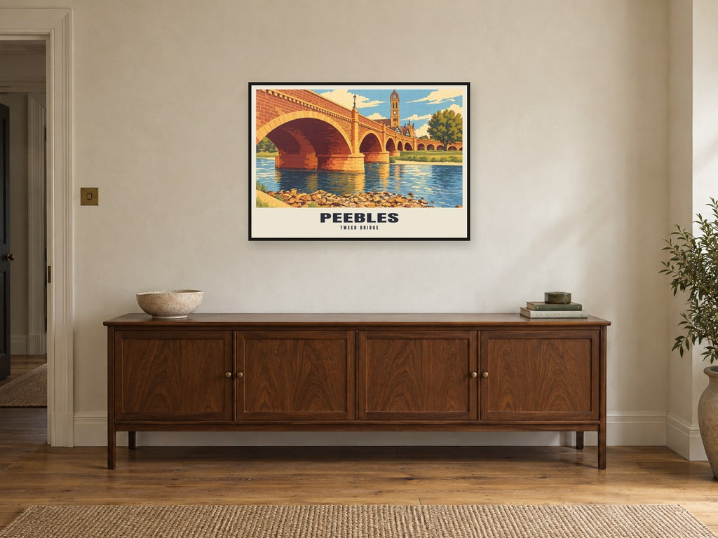 Tweed Bridge, Peebles Poster at A1, in a black frame, above a sideboard