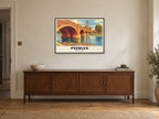 Tweed Bridge, Peebles Poster at A1, in a black frame, above a sideboard