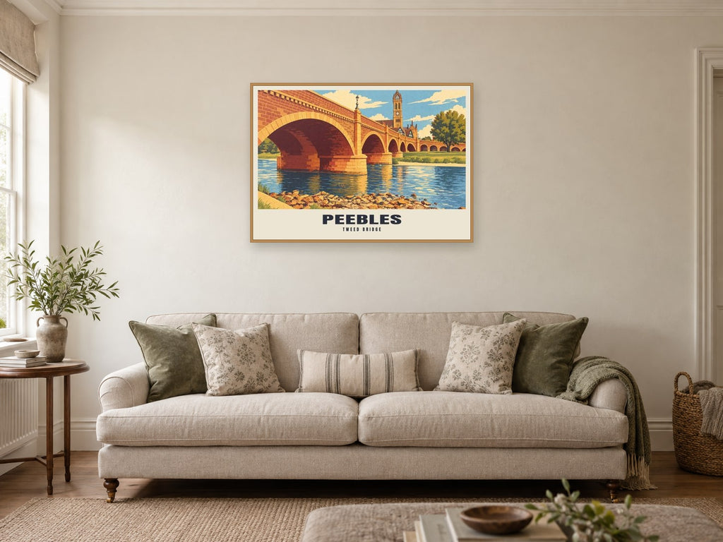Tweed Bridge, Peebles Poster at A1, in a natural wood frame, in a sitting room
