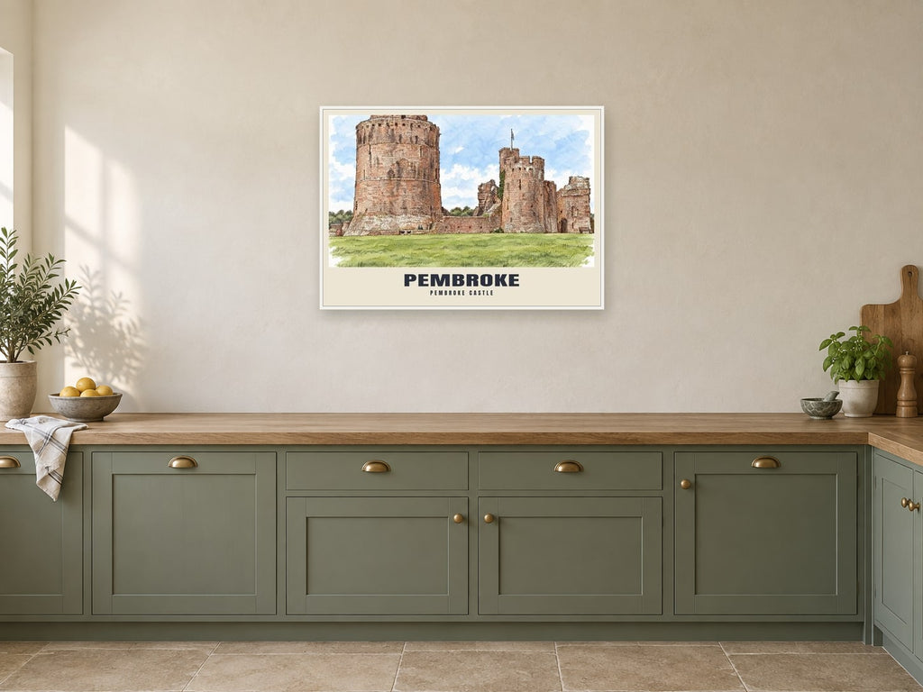 Pembroke Castle Poster at A1, in a white frame, in a kitchen