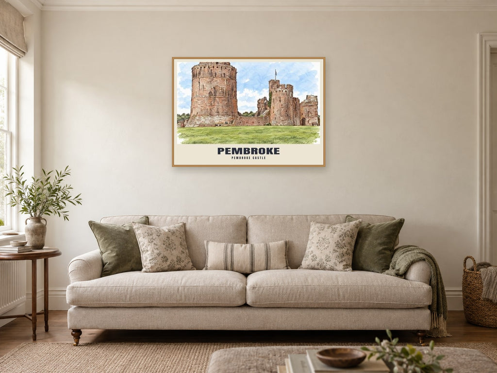 Pembroke Castle Poster at A1, in a natural wood frame, in a sitting room