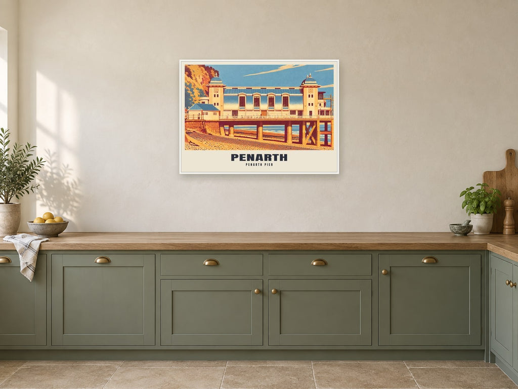 Penarth Pier Poster at A1, in a white frame, in a kitchen