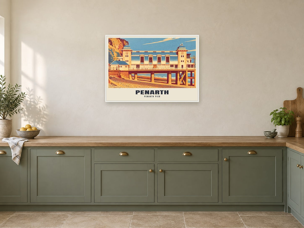 Penarth Pier Poster at A1, in a white frame, in a kitchen