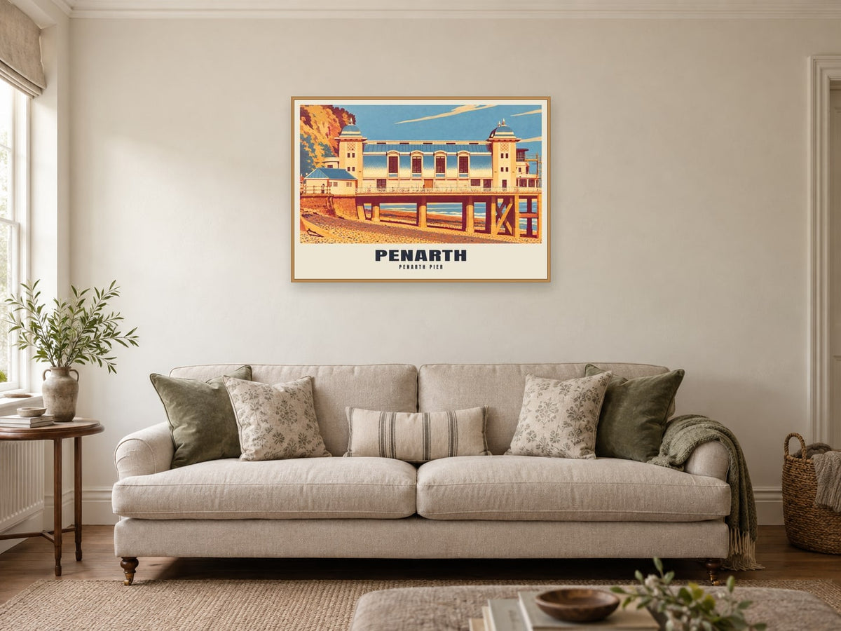 Penarth Pier Poster at A1, in a natural wood frame, in a sitting room