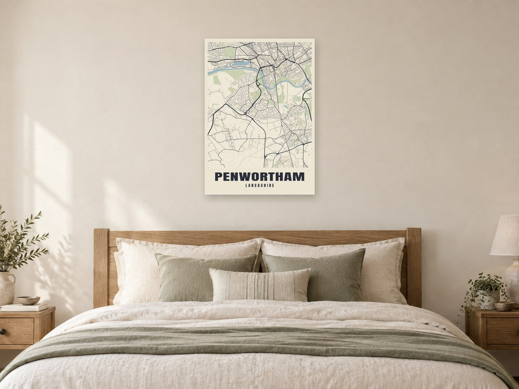 Penwortham Street Map Poster at A1, as a poster, above a bed