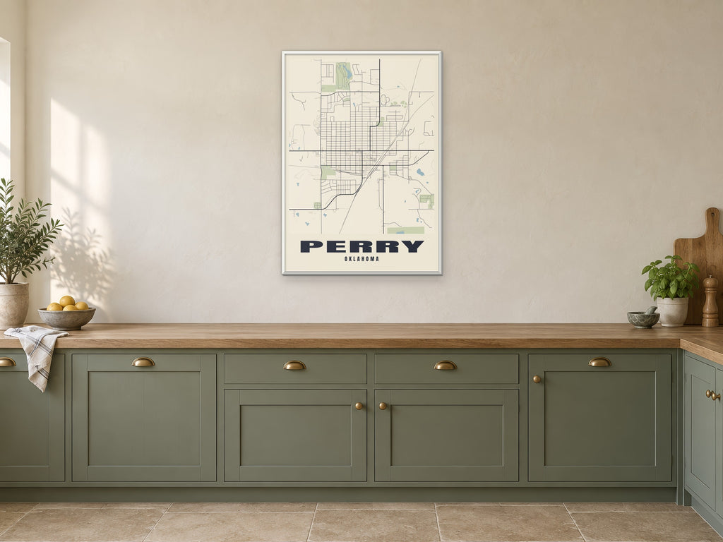 Perry Street Map Poster at A1, in a white frame, in a kitchen
