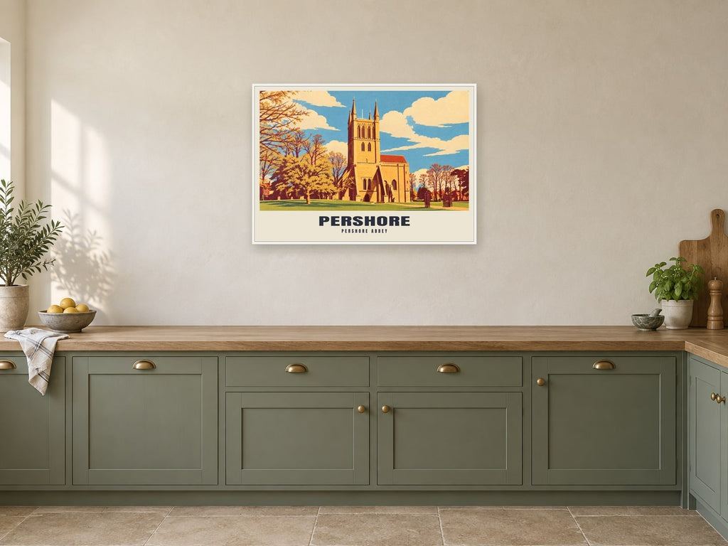 Pershore Abbey Poster at A1, in a white frame, in a kitchen