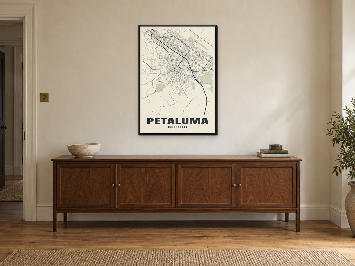 Petaluma Street Map Poster at A1, in a black frame, above a sideboard