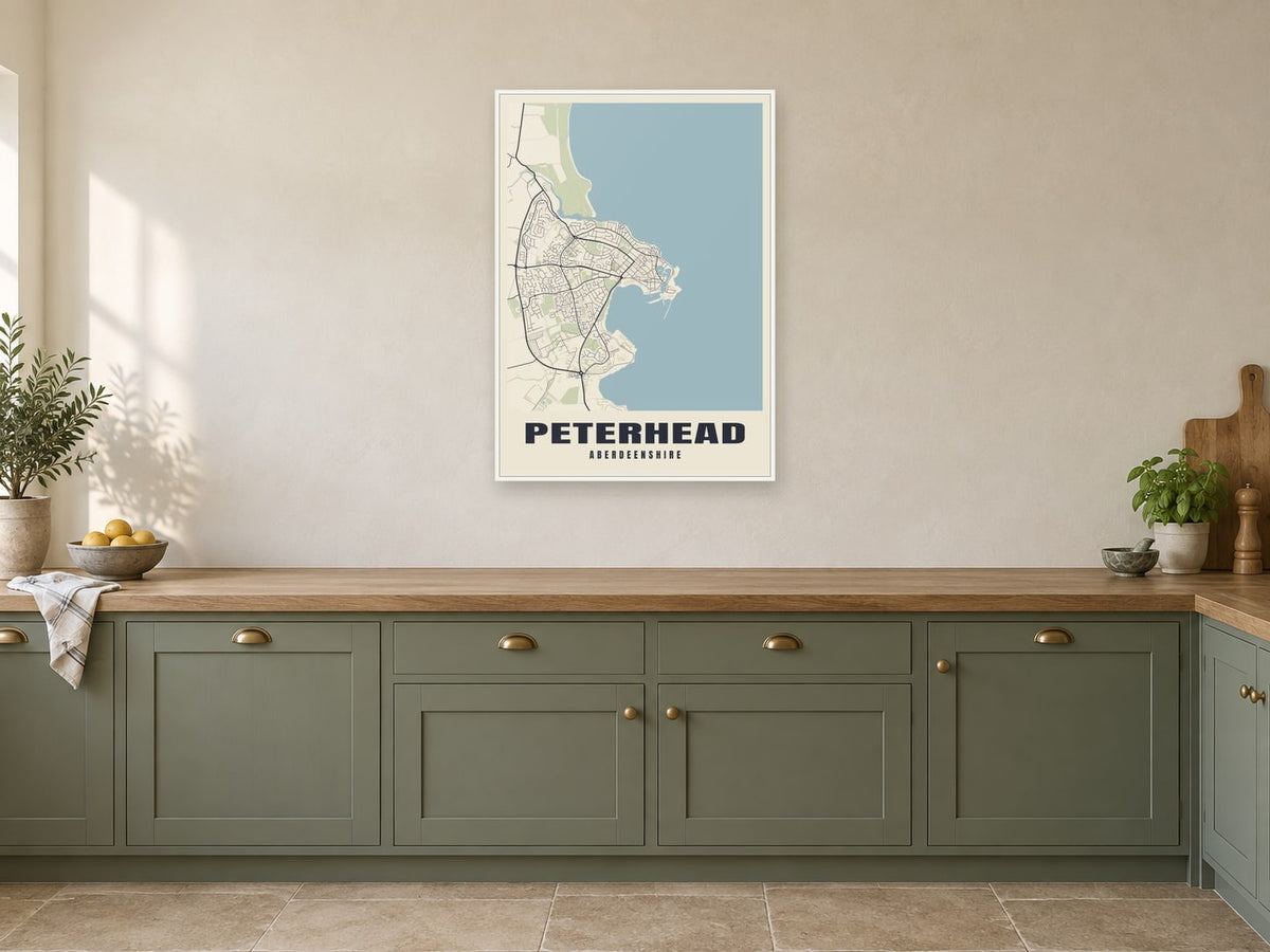 Peterhead Street Map Poster at A1, in a white frame, in a kitchen