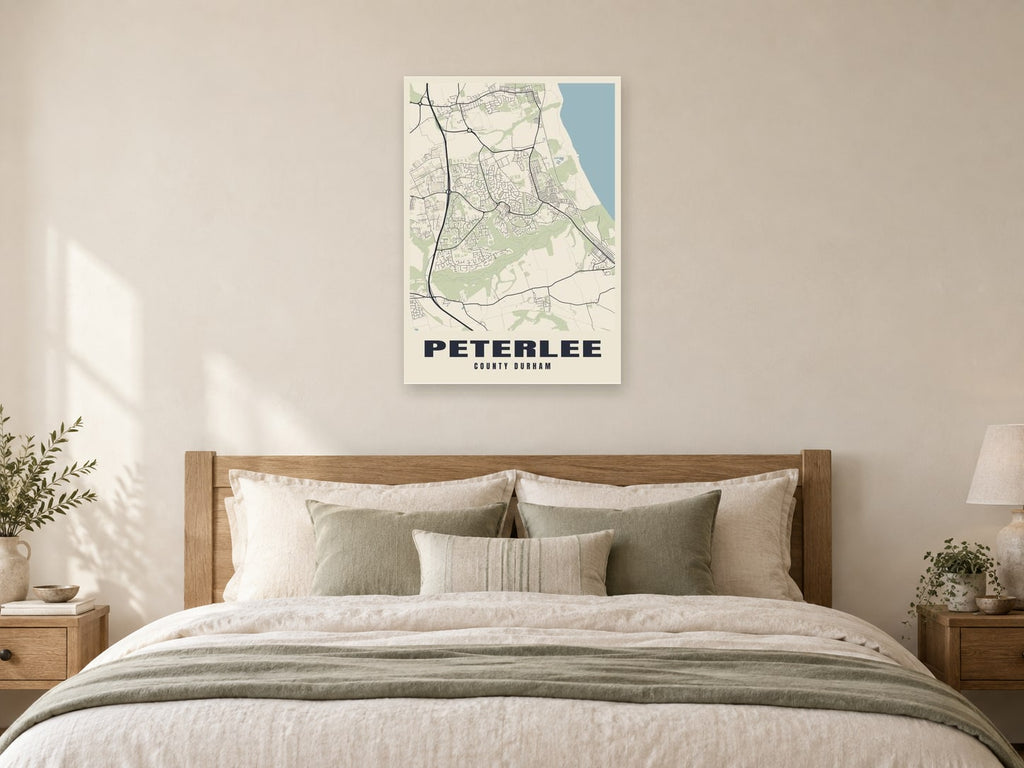 Peterlee Street Map Poster at A1, as a poster, above a bed