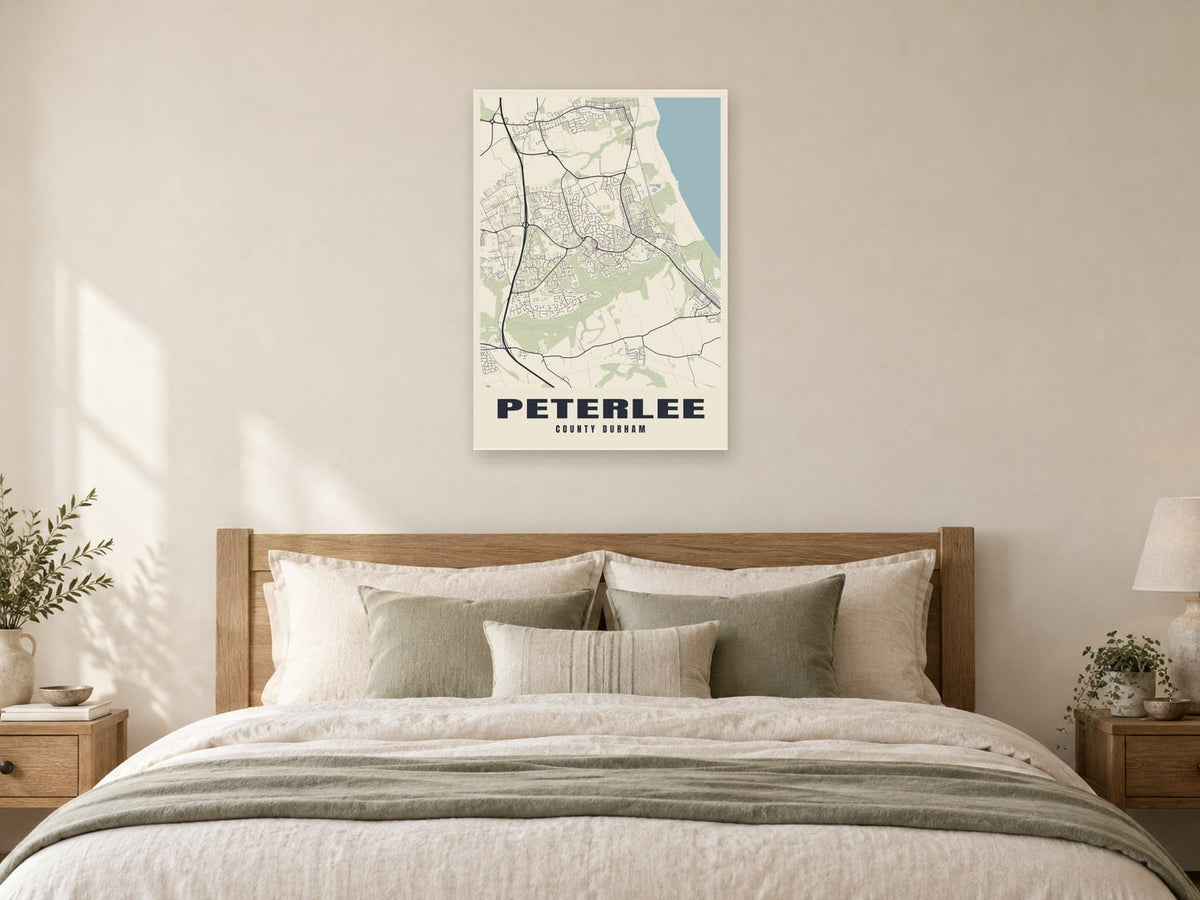 Peterlee Street Map Poster at A1, as a poster, above a bed