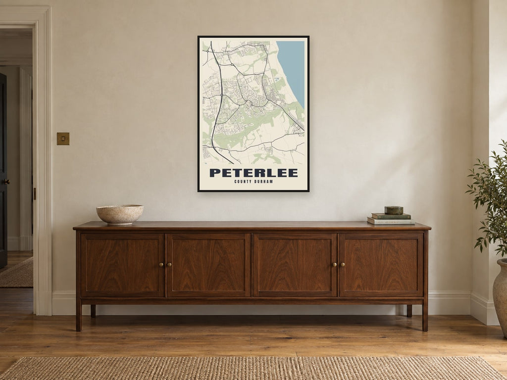 Peterlee Street Map Poster at A1, in a black frame, above a sideboard