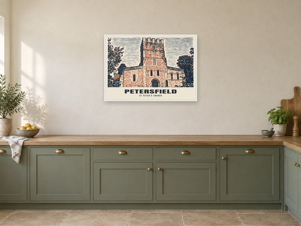 St Peter’s Church, Petersfield Poster at A1, in a white frame, in a kitchen