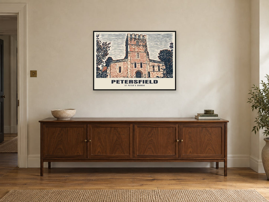 St Peter’s Church, Petersfield Poster at A1, in a black frame, above a sideboard