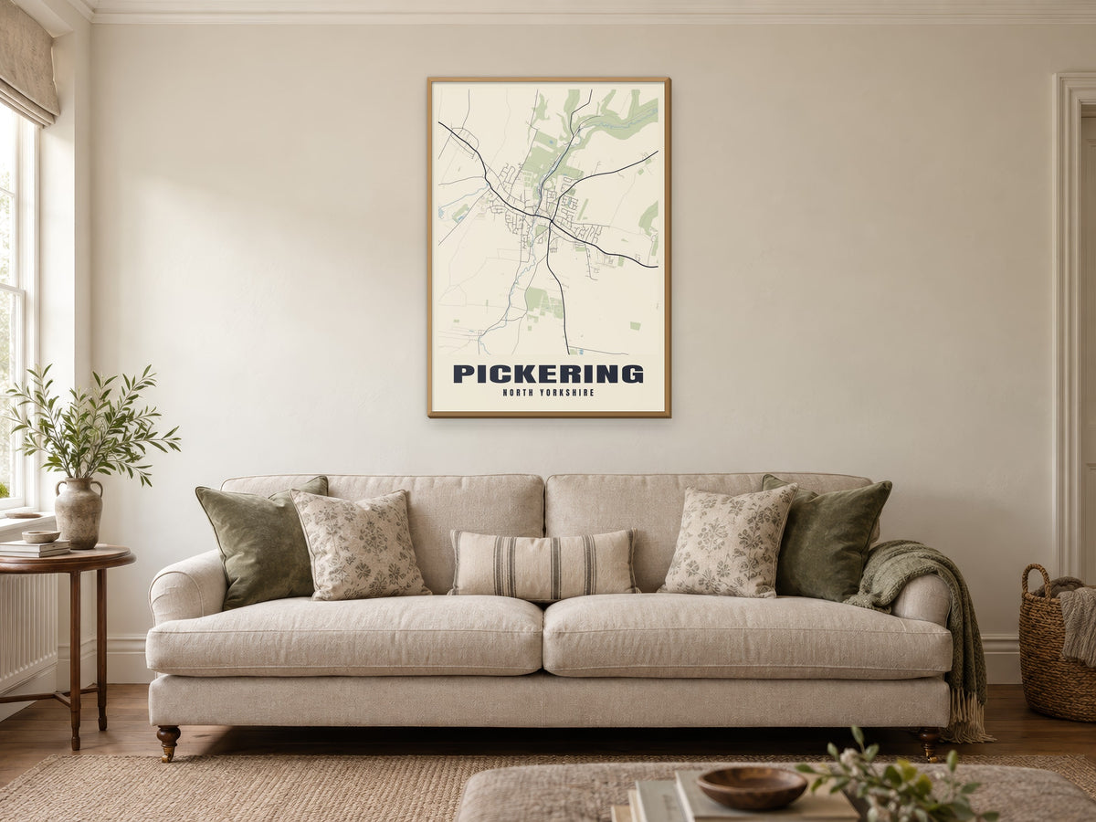 Pickering Street Map Poster at A1, in a natural wood frame, in a sitting room
