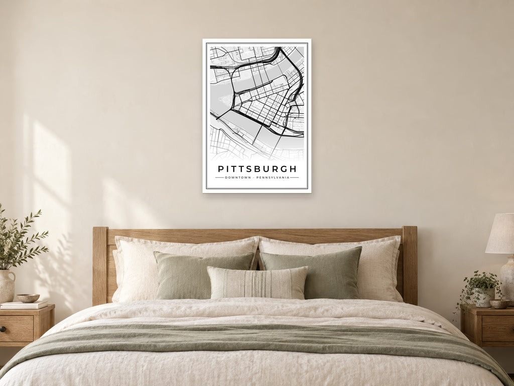 Pittsburgh Downtown Street Map Poster at A1, as a poster, above a bed