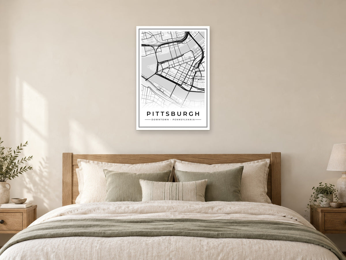 Pittsburgh Downtown Street Map Poster at A1, as a poster, above a bed