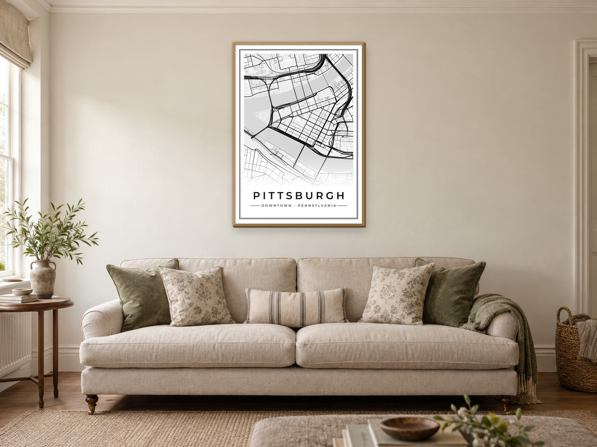 Pittsburgh Downtown Street Map Poster at A1, in a natural wood frame, in a sitting room