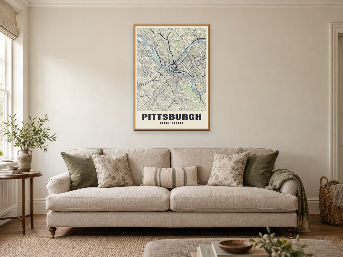Pittsburgh Street Map Poster at A1, in a natural wood frame, in a sitting room