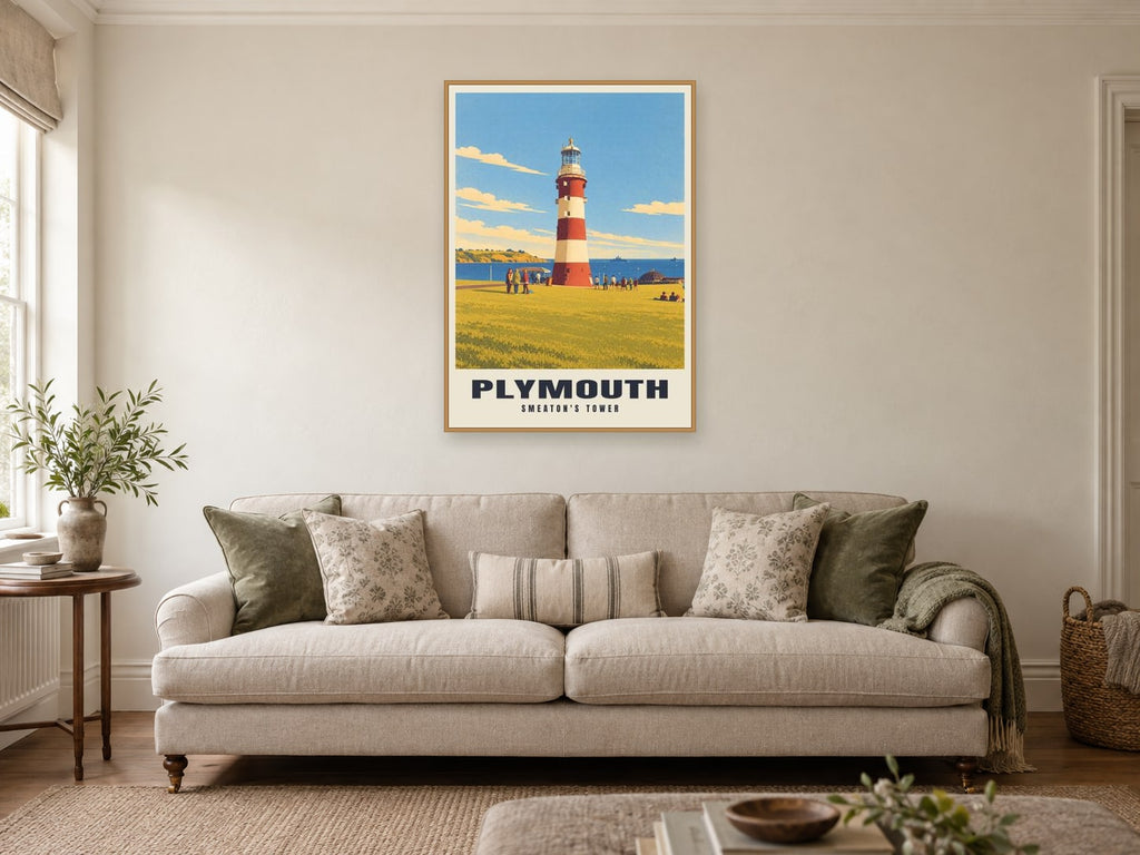 Smeaton's Tower, Plymouth Poster at A1, in a natural wood frame, in a sitting room