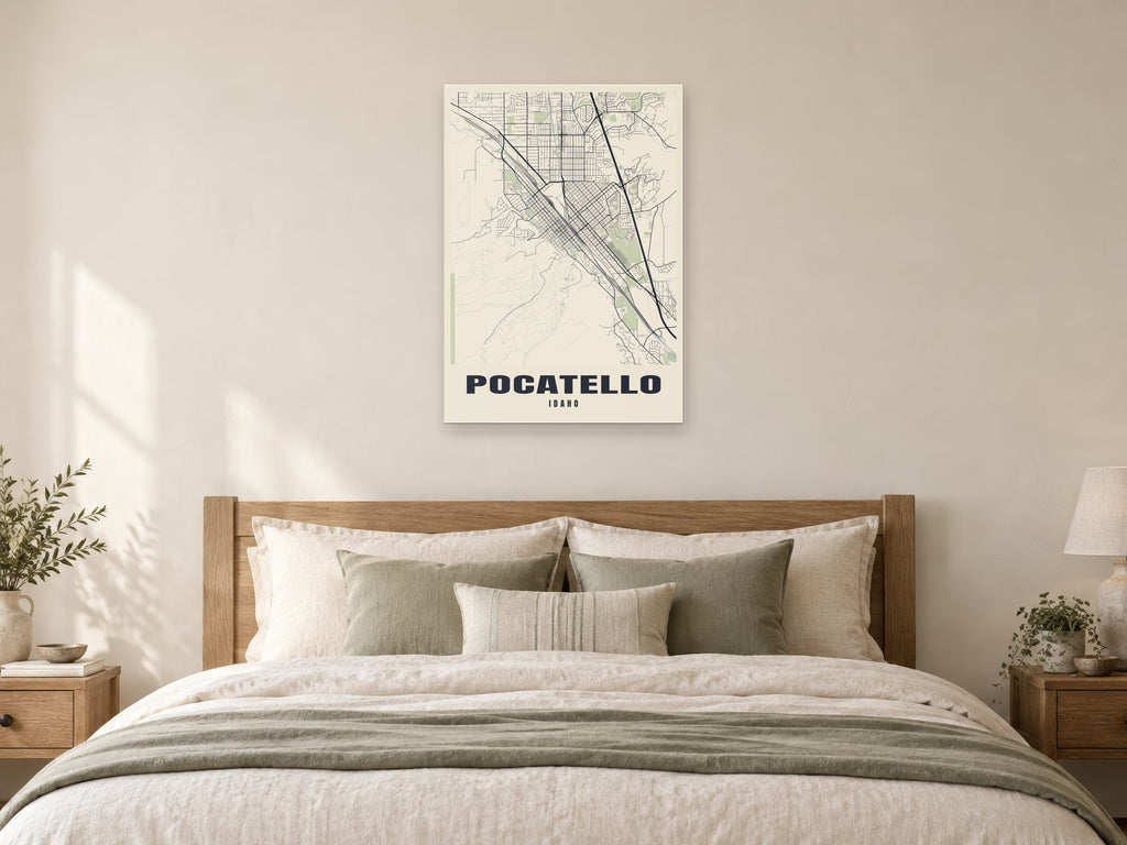 Pocatello Street Map Poster at A1, as a poster, above a bed