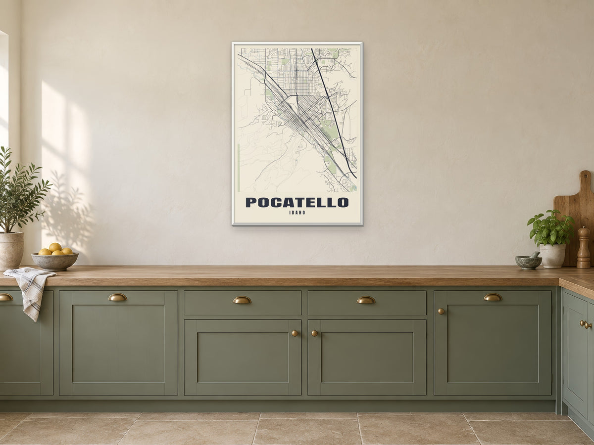 Pocatello Street Map Poster at A1, in a white frame, in a kitchen