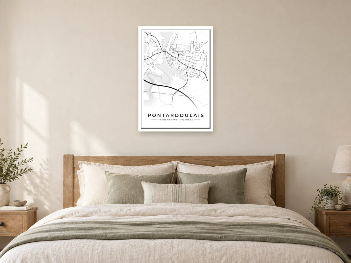 Pontarddulais Town Centre Street Map Poster at A1, as a poster, above a bed