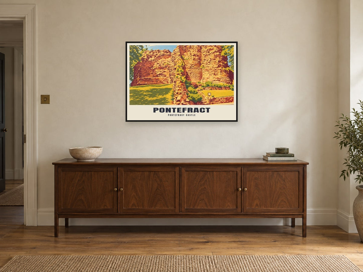 Pontefract Castle Poster at A1, in a black frame, above a sideboard