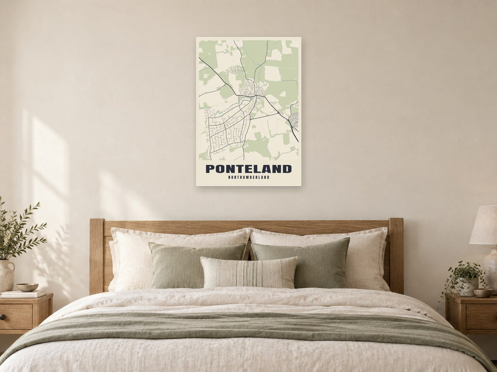 Ponteland Street Map Poster at A1, as a poster, above a bed