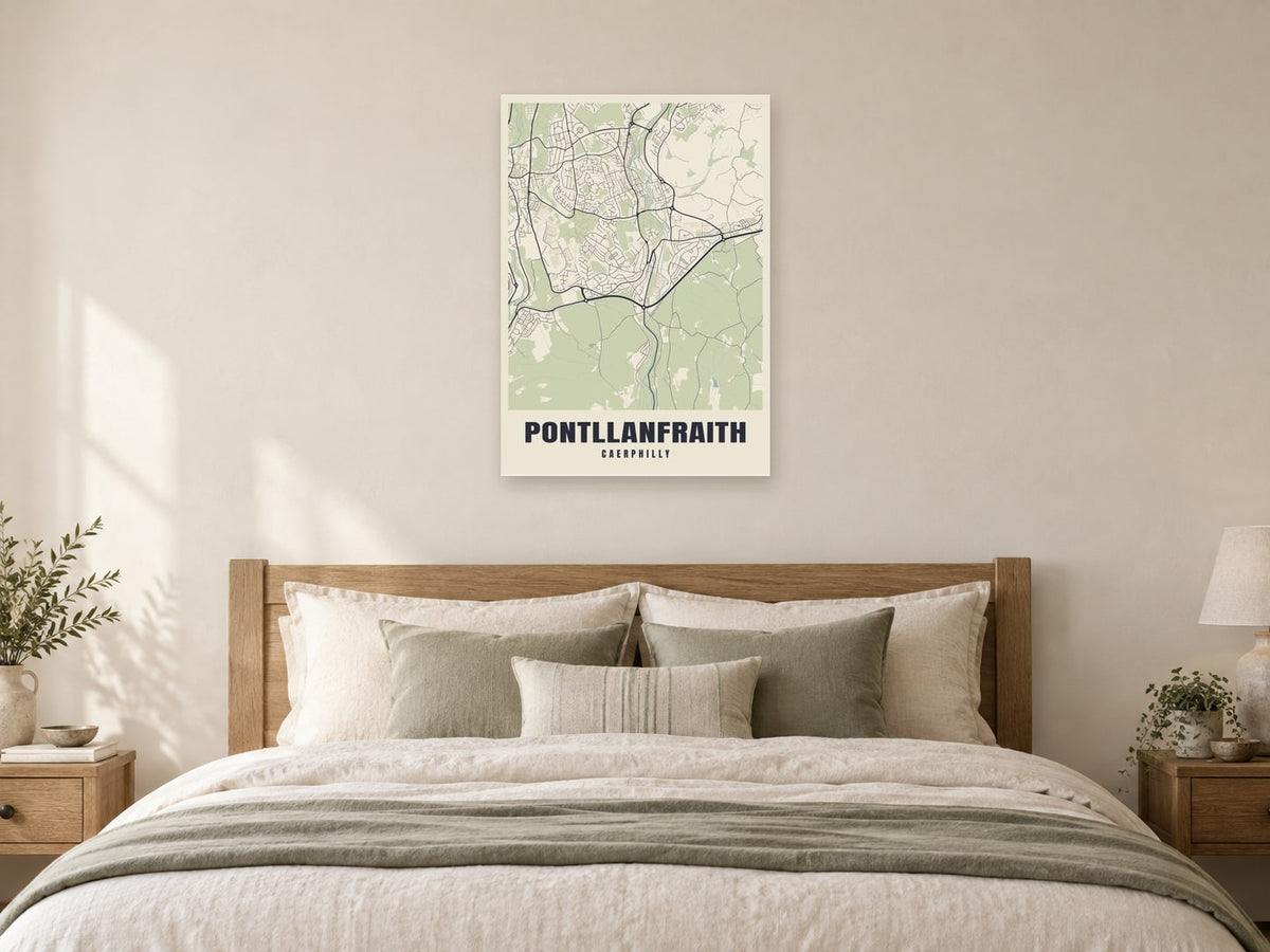 Pontllanfraith Street Map Poster at A1, as a poster, above a bed