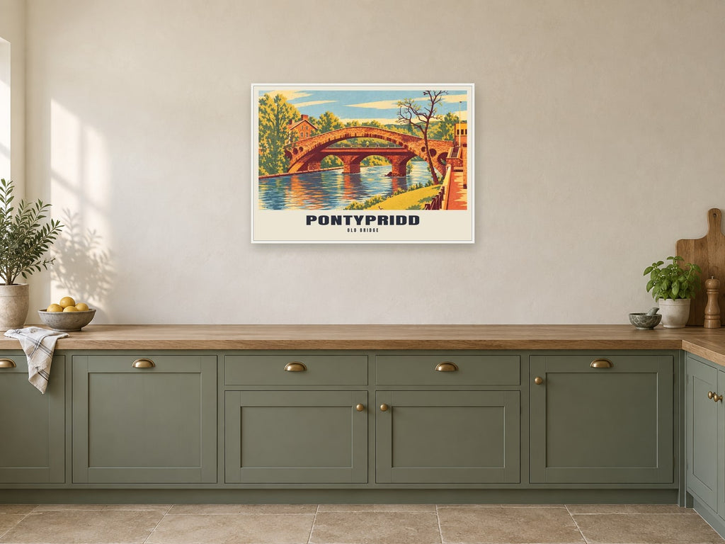 Old Bridge, Pontypridd Poster at A1, in a white frame, in a kitchen