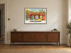 Old Bridge, Pontypridd Poster at A1, in a black frame, above a sideboard