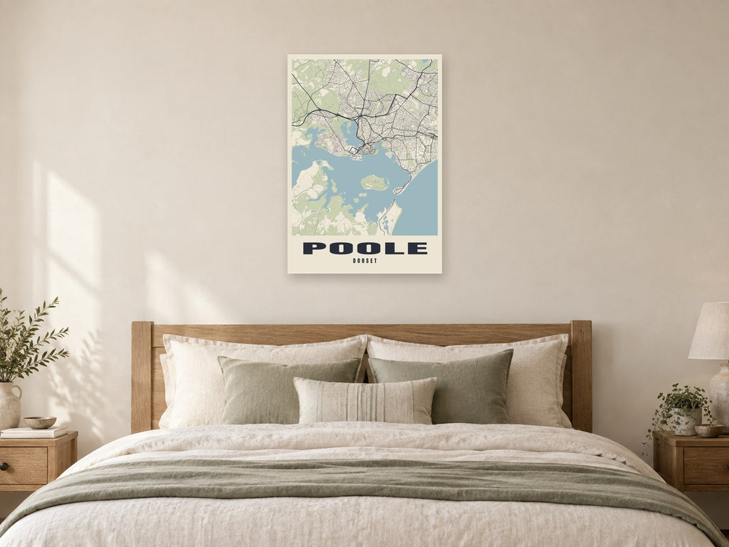 Poole Street Map Poster at A1, as a poster, above a bed