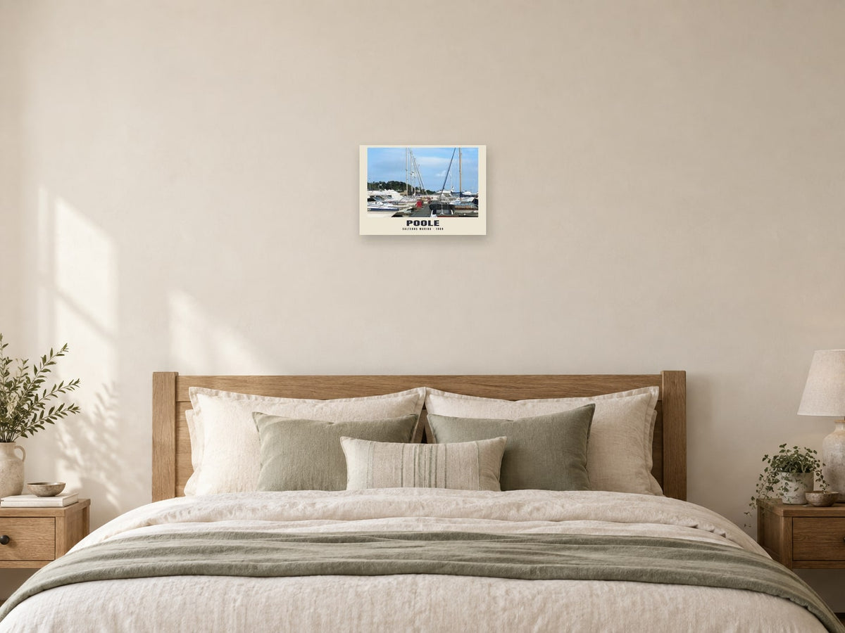 Salterns Marina, Poole, 1989 Heritage Print at A3, as a poster, above a bed