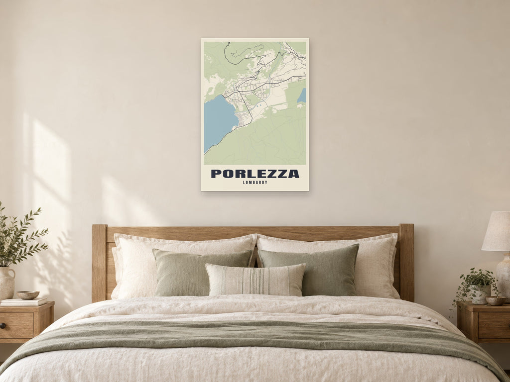 Porlezza Street Map Poster at A1, as a poster, above a bed