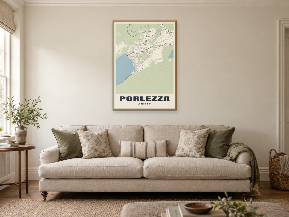 Porlezza Street Map Poster at A1, in a natural wood frame, in a sitting room