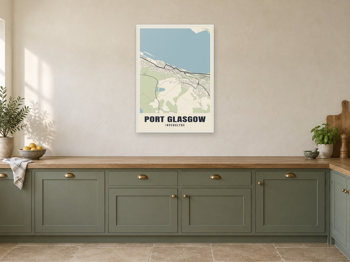 Port Glasgow Street Map Poster at A1, in a white frame, in a kitchen