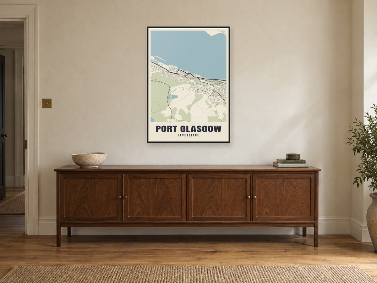 Port Glasgow Street Map Poster at A1, in a black frame, above a sideboard