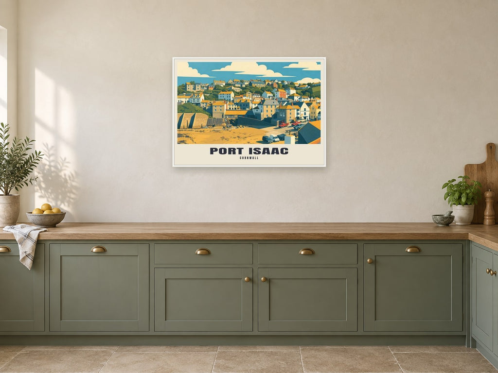 Port Isaac Poster at A1, in a white frame, in a kitchen