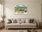 Port Isaac Poster at A1, in a natural wood frame, in a sitting room