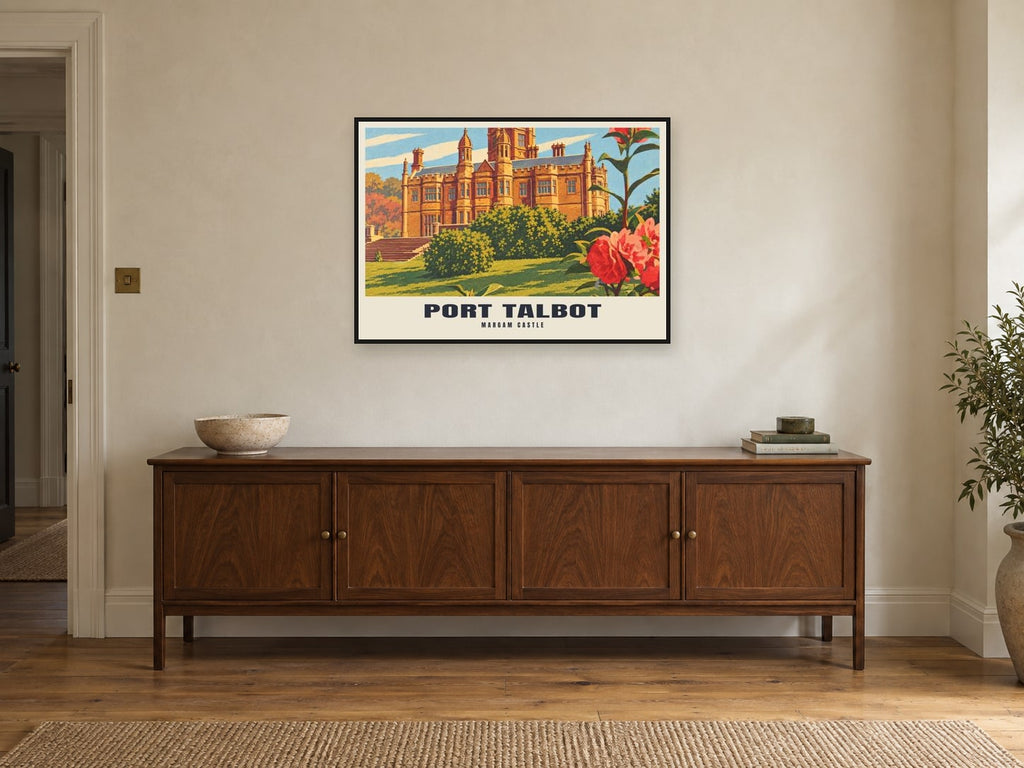 Margam Castle, Port Talbot Poster at A1, in a black frame, above a sideboard
