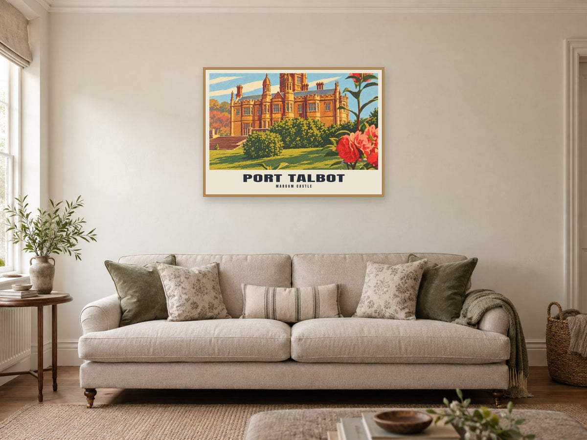 Margam Castle, Port Talbot Poster at A1, in a natural wood frame, in a sitting room
