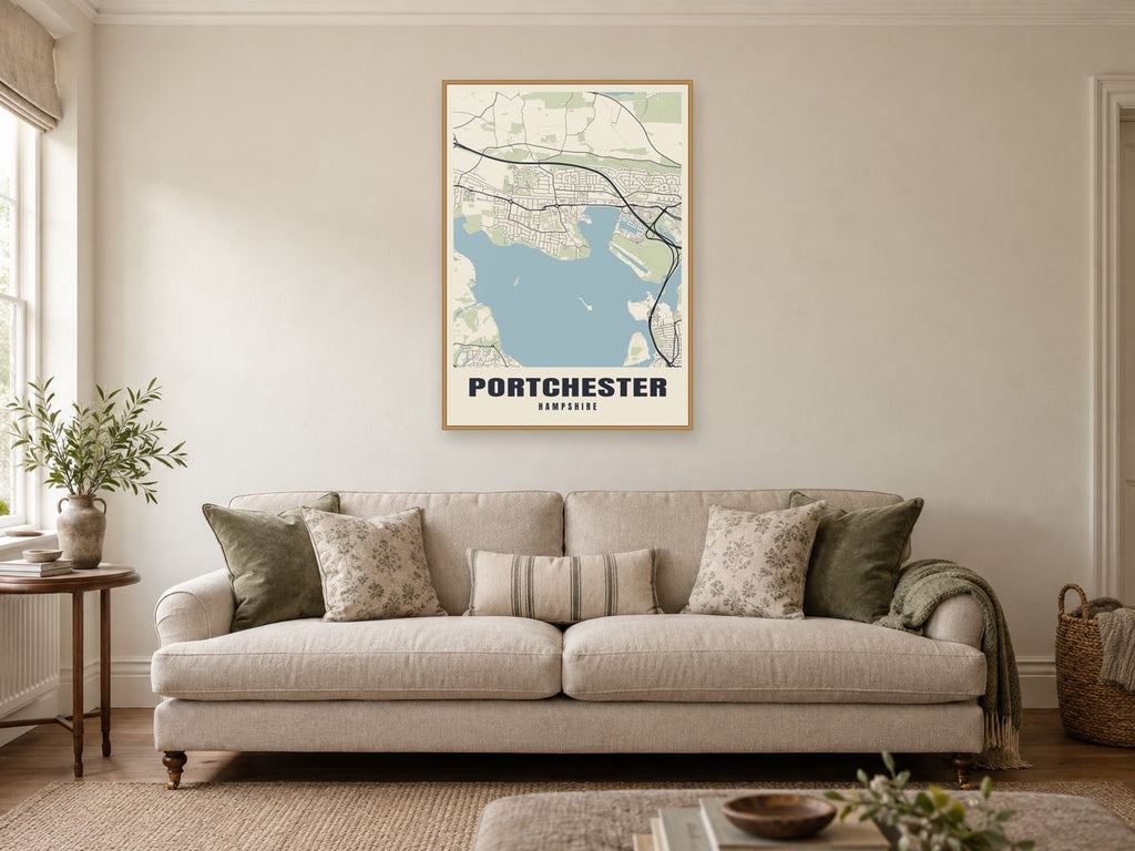Portchester Street Map Poster at A1, in a natural wood frame, in a sitting room