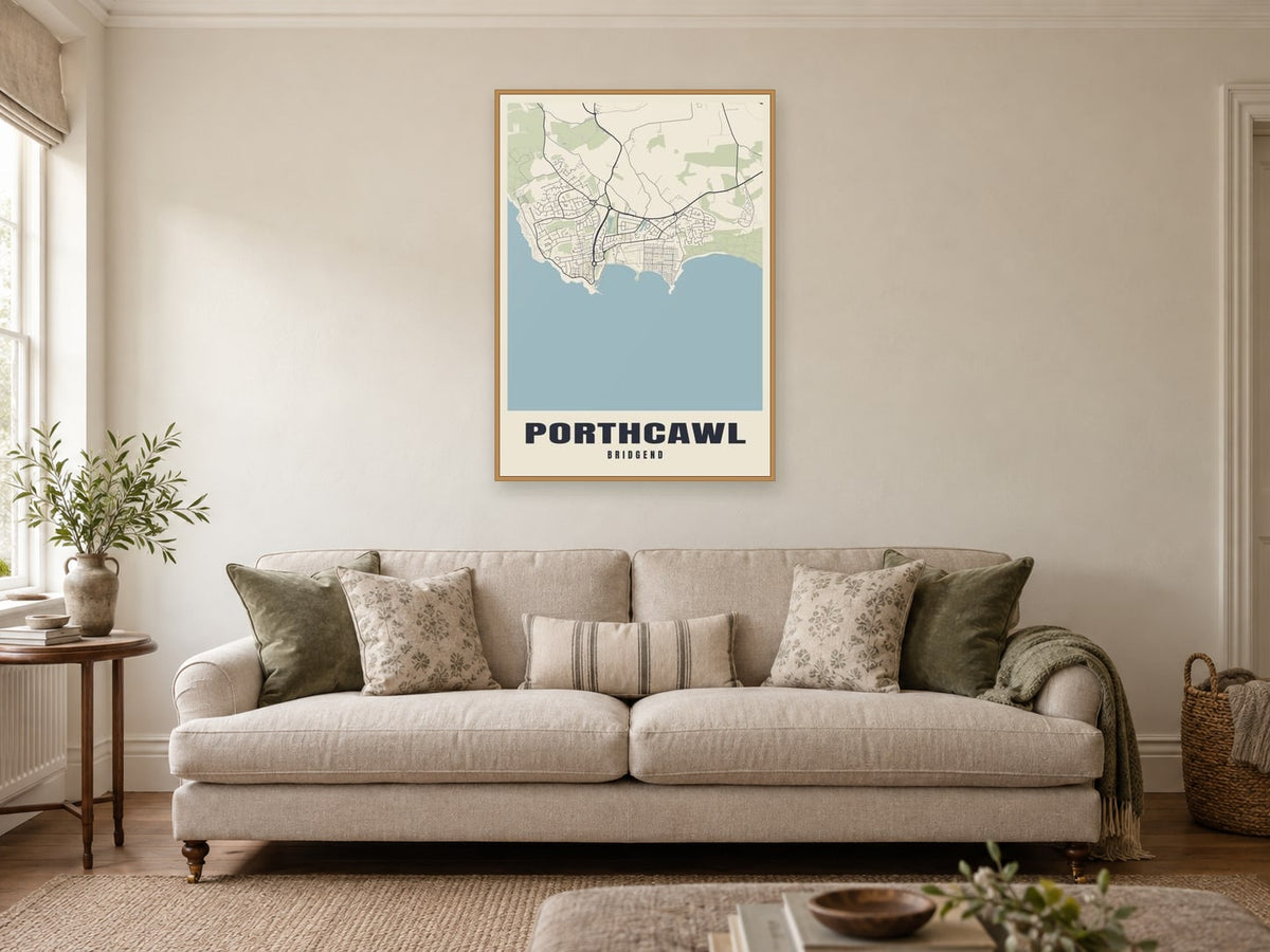 Porthcawl Street Map Poster at A1, in a natural wood frame, in a sitting room