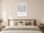 Portland Downtown Street Map Poster at A1, as a poster, above a bed