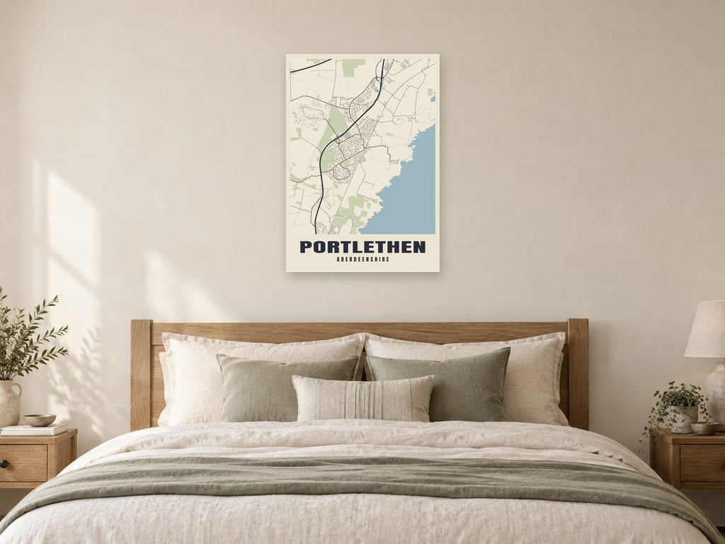 Portlethen Street Map Poster at A1, as a poster, above a bed