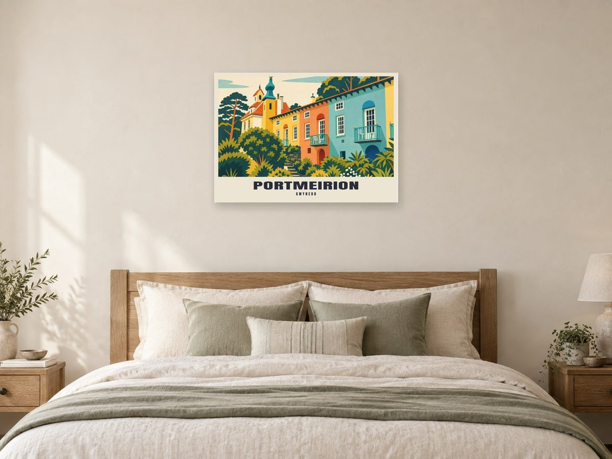 Portmeirion Poster at A1, as a poster, above a bed