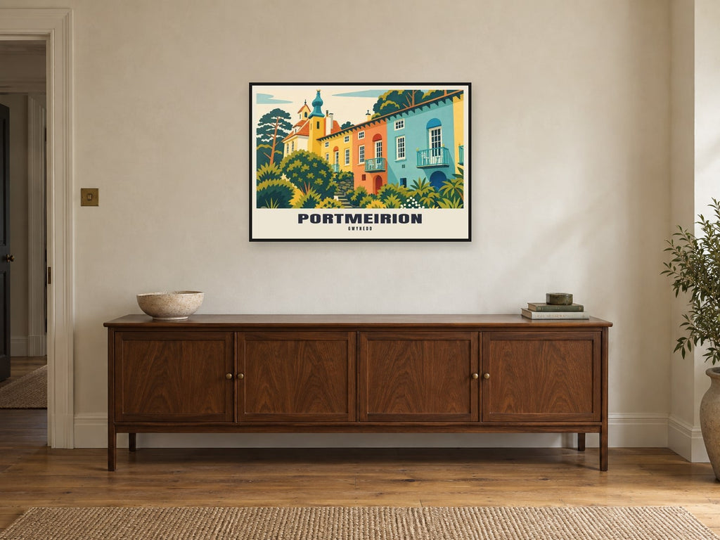 Portmeirion Poster at A1, in a black frame, above a sideboard
