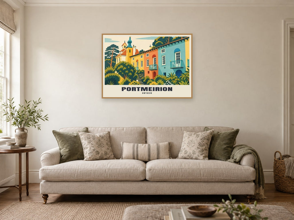 Portmeirion Poster at A1, in a natural wood frame, in a sitting room