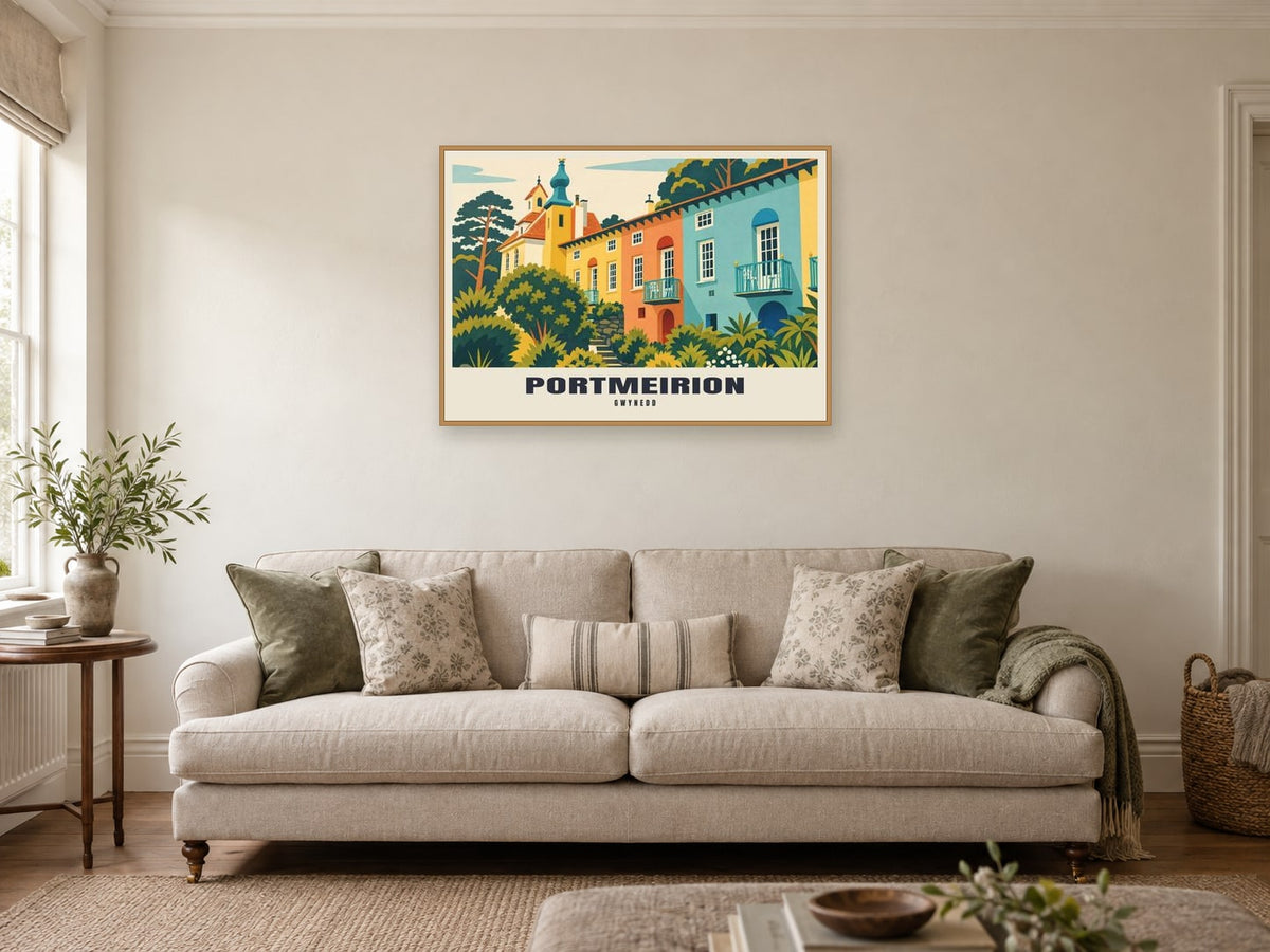 Portmeirion Poster at A1, in a natural wood frame, in a sitting room